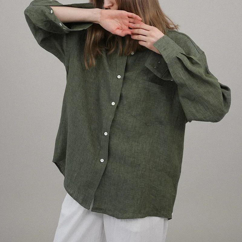 Chemisier surdimensionné à col rabattu pour femme, chemise décontractée en lin, manches longues, élé