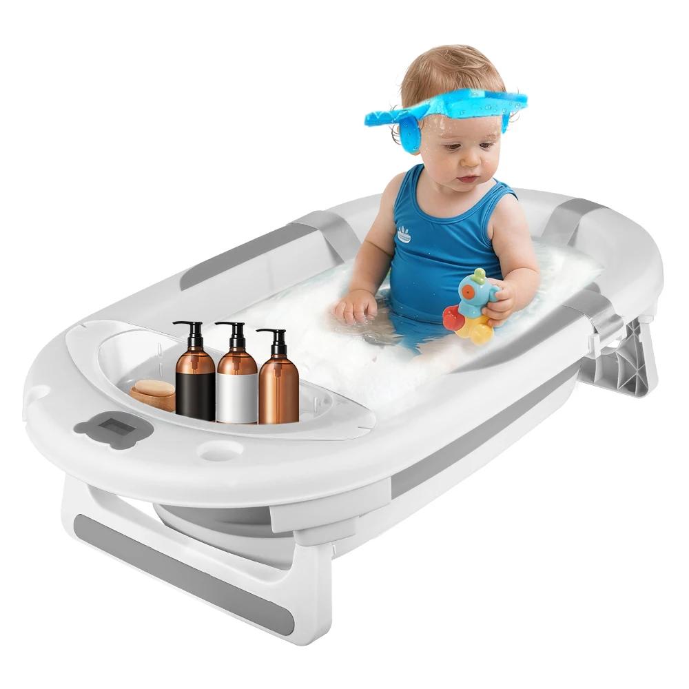 Baignoire Bébé, Design Pliable, Thermomètre Intégré, Coussin de Bain Doux, Pieds Antidérapants, Bouc