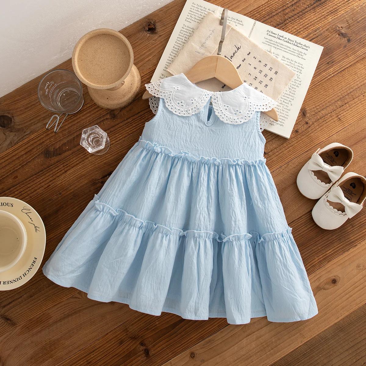Robe plage été coton filles sans manches à revers couleur unie mignonne