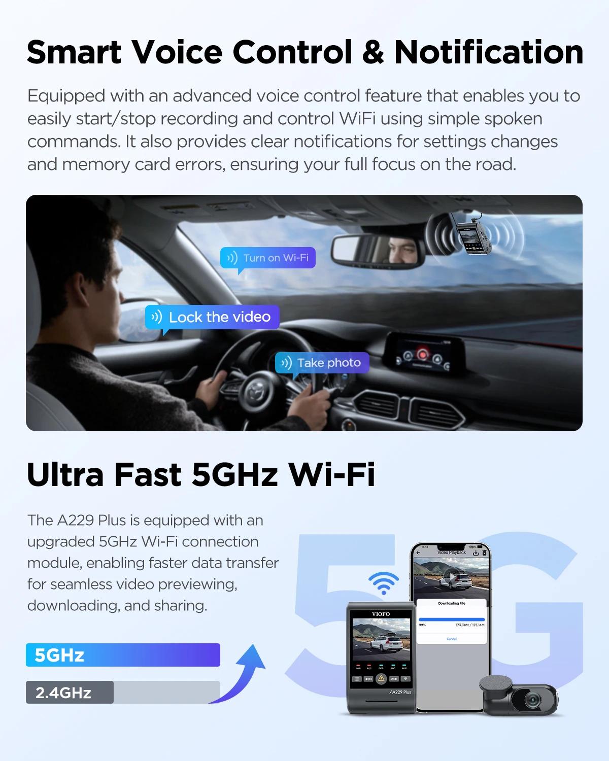VIOFO A229 PLUS voiture Dvr 2K HDR enregistreur vidéo 5GHZ WI-FI GPS commande vocale caméra de table