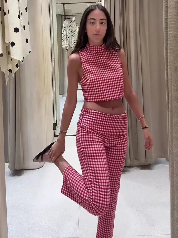 Ensemble pantalon slim d'été pour femme TFMLN – Haut court sans manches à col roulé et pantalon long