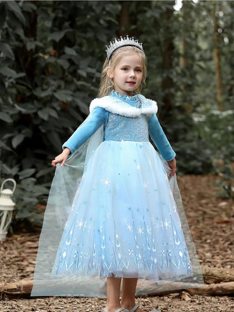 Robe princesse Elsa Reine des Neiges velours cape bleue - Costume fête filles 3 à 9 ans collection printemps