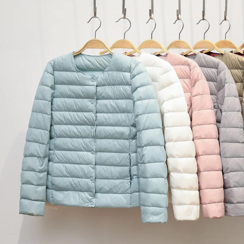 Veste en duvet de canard pour femme, col rond, col en v Variable, garde au chaud, sans col, manteau