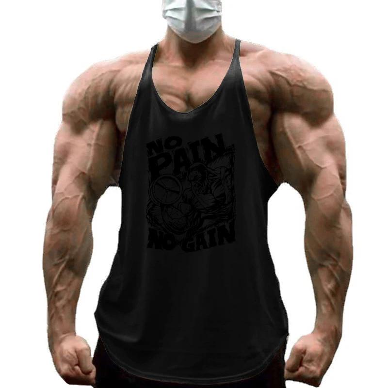 NO PAIN NO GAIN Imprimé Gym Fitness T-Shirt Hommes Musculation Sport Sans Manches Gilets Coton Respi