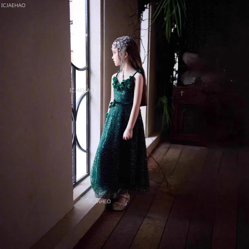 Robe de princesse vert forêt pour filles, robe de cérémonie pour enfants, robe de mariée pour filles