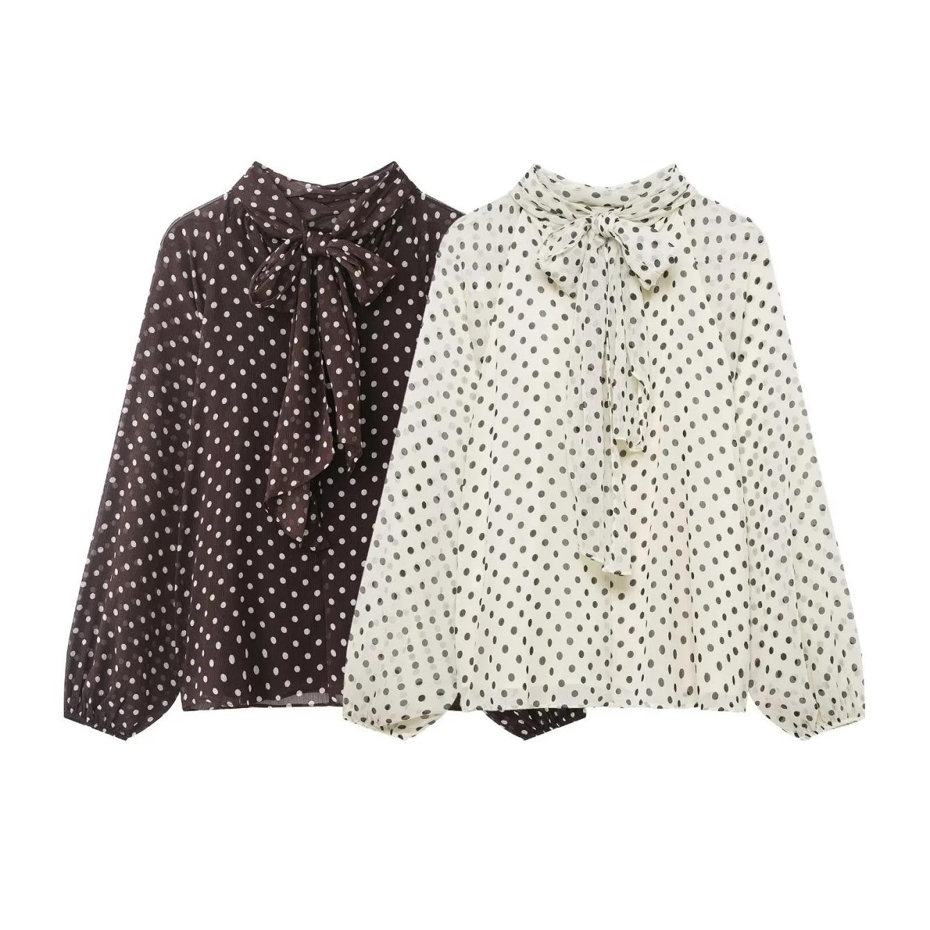Chemise à manches longues à pois pour femmes, mode printemps automne, chemise à nœud à lacets, chemi