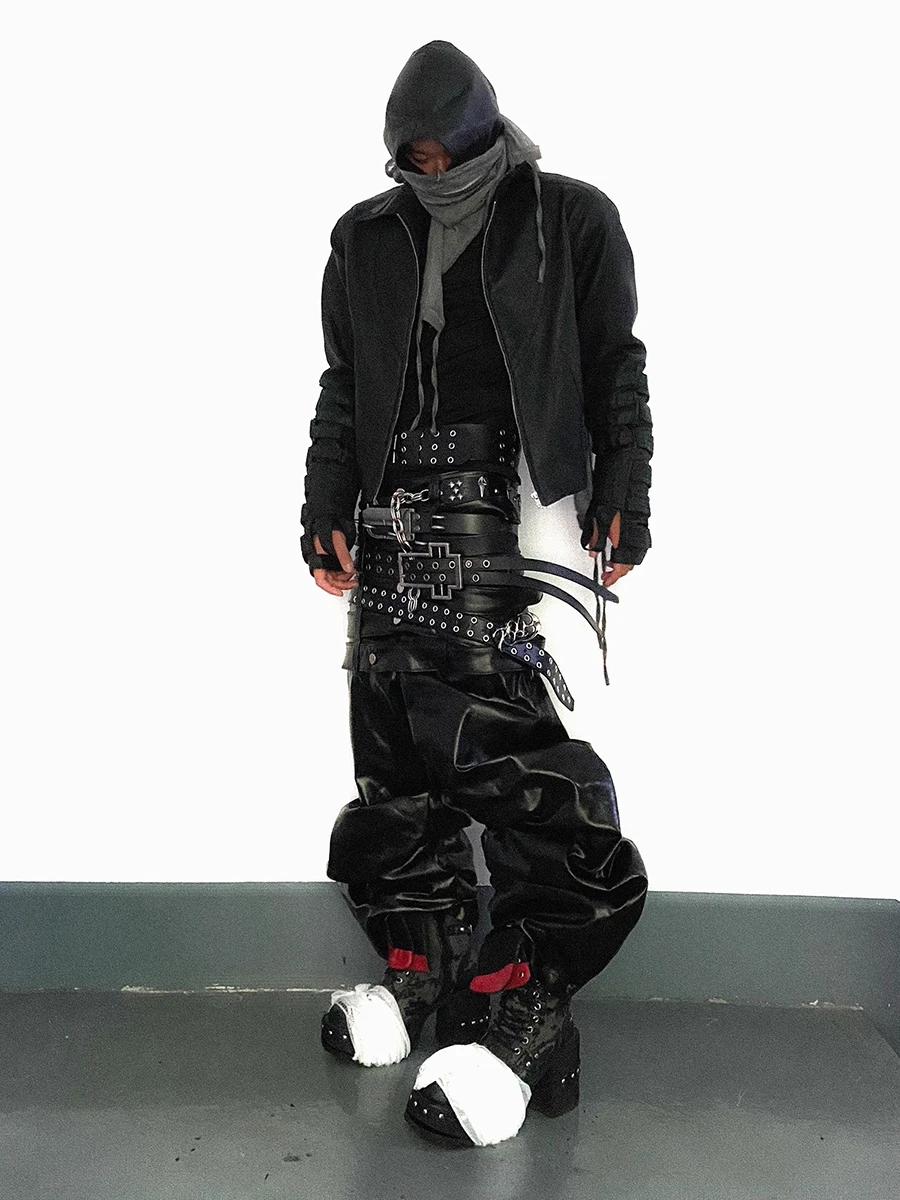 Mauroicardi automne longue multi-tailles brillant noir Pu cuir torsadé ceinturé pantalon hommes de l