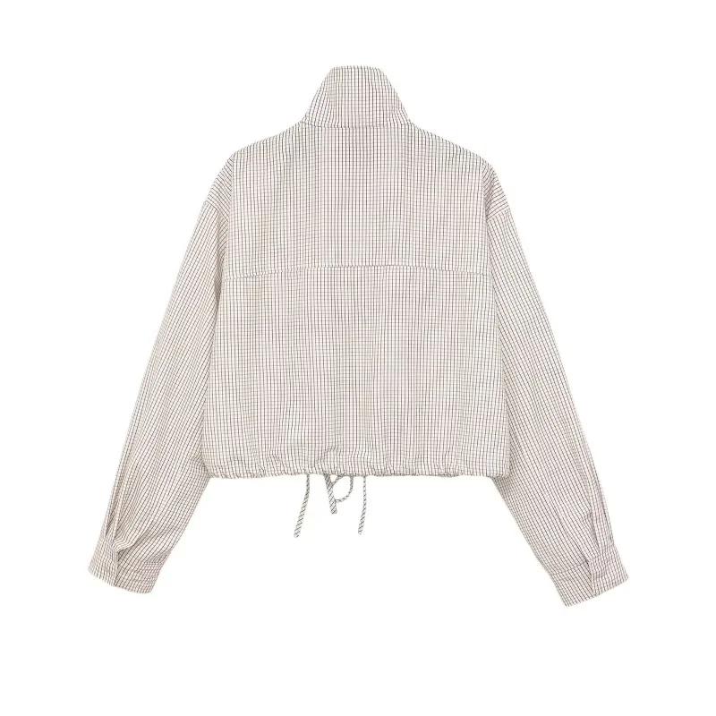 Veste Courte à Carreaux pour Femme ETJ, Col Montant, Manches Bouffantes, Coupe Oversize avec Ourlet