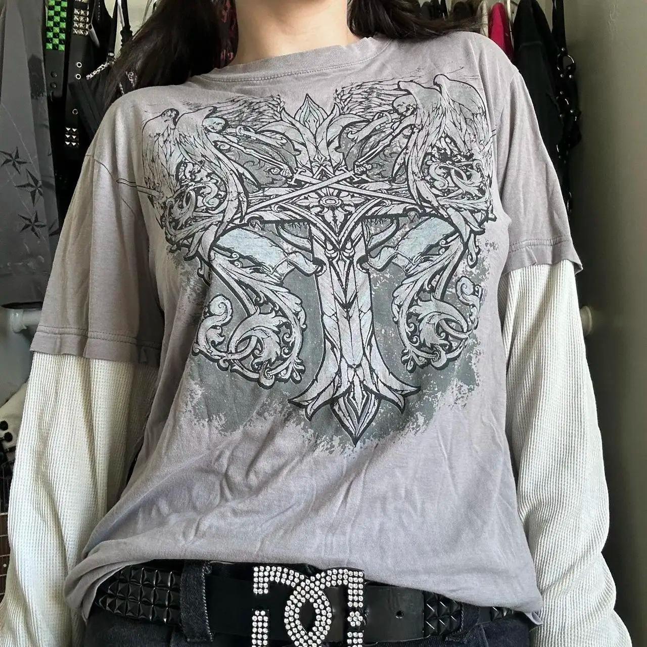 T-shirt à manches longues imprimé crâne graphique vintage, Y2K Cyber Aesthetic, Y-Patchwork Tee, Got