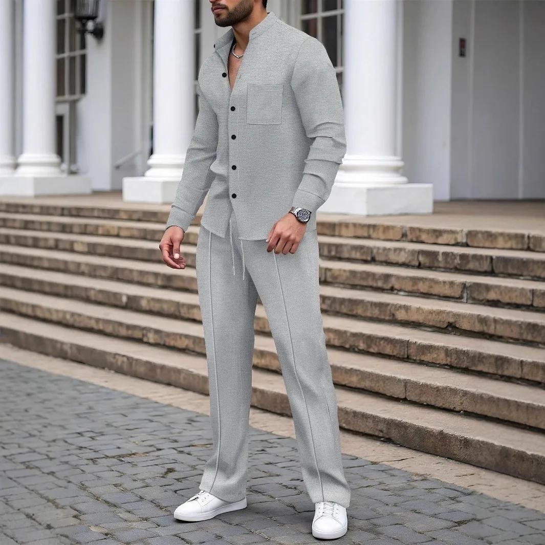 Nouveau costume d'automne pour hommes, chemise gaufrée à manches longues de couleur unie avec cardig