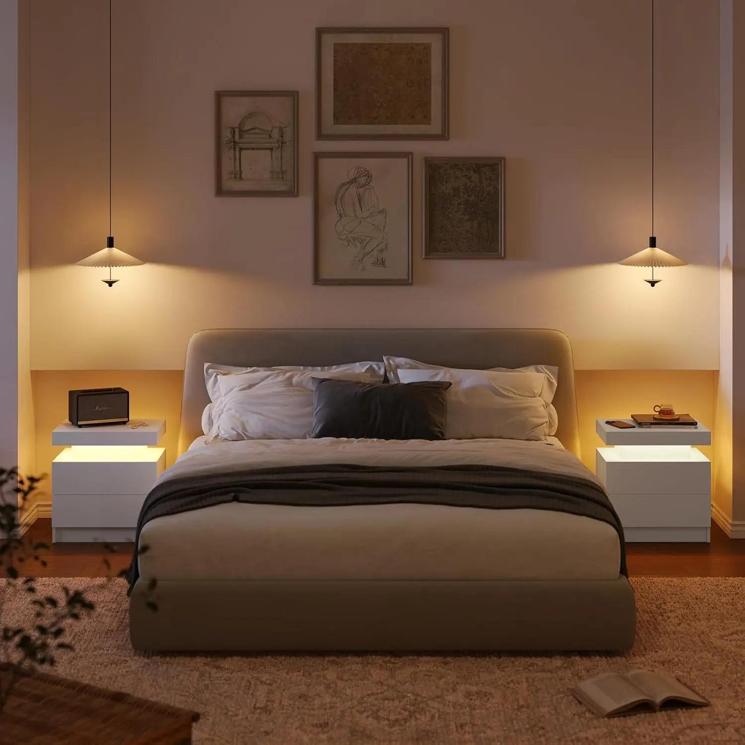Table de chevet LED blanche, table de chevet moderne pour chambre à coucher avec 2 tiroirs en bois,