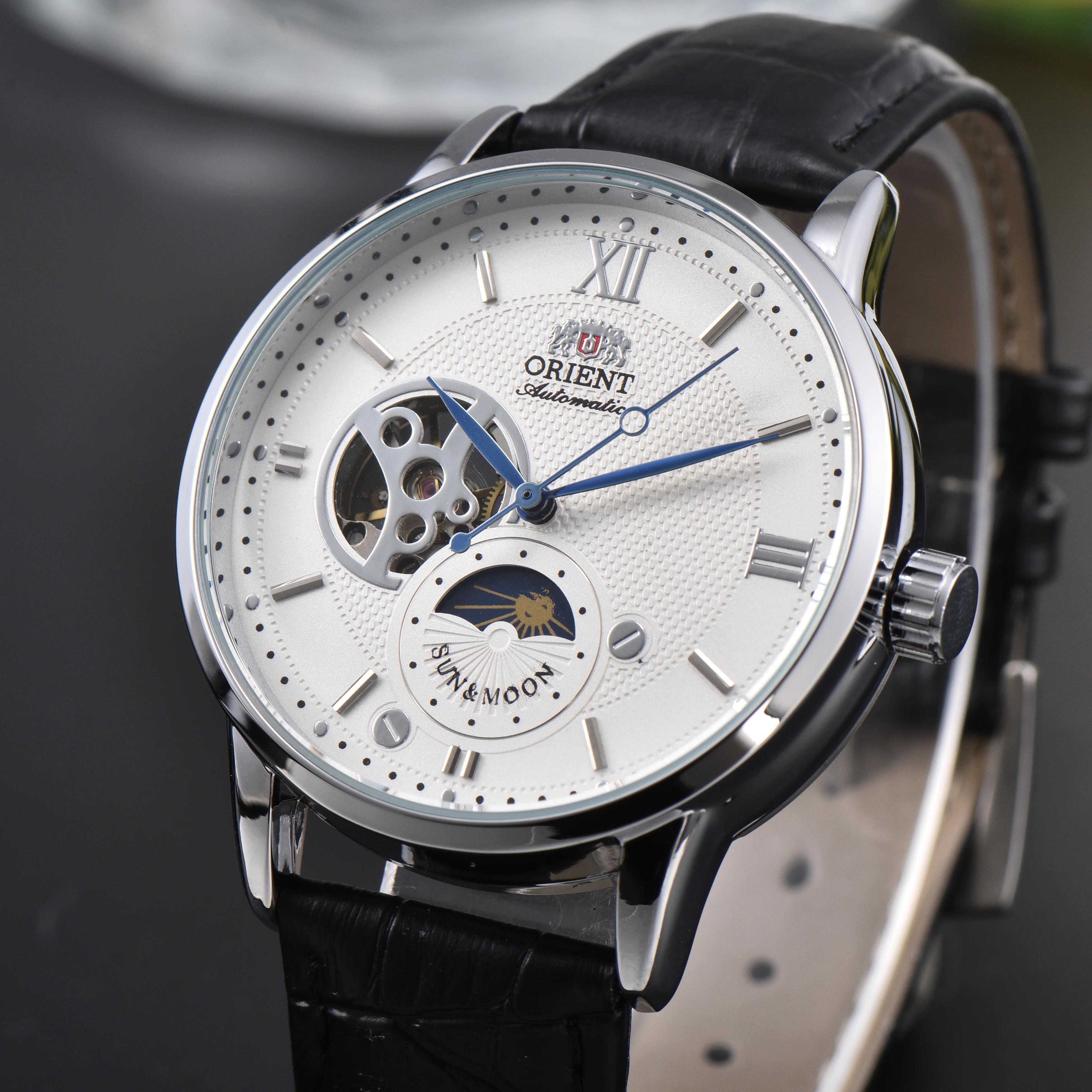Orient Sun & Moon – montre automatique semi-squelette pour hommes, cadran blanc, bracelet en cuir no