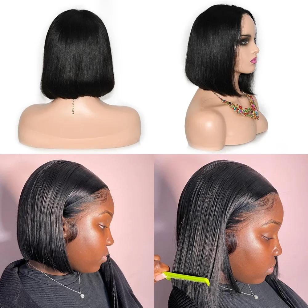 Perruque Bob naturelle lisse sans colle, cheveux courts, prêts à porter, Transparent, pré-coupé, 4x4