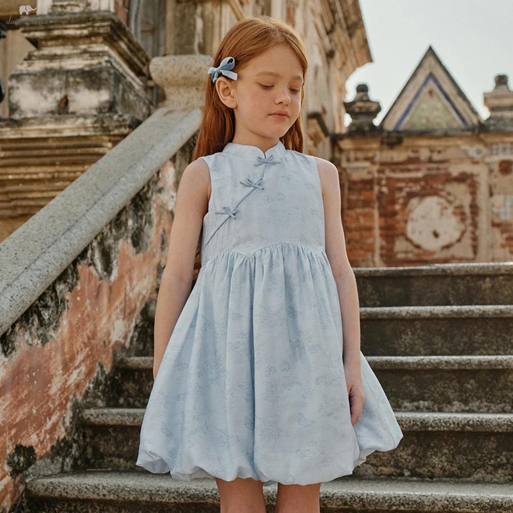 Robes d'été imprimées pour filles Dave Bella, style princesse, 7-13 ans, sans manches, style chinois