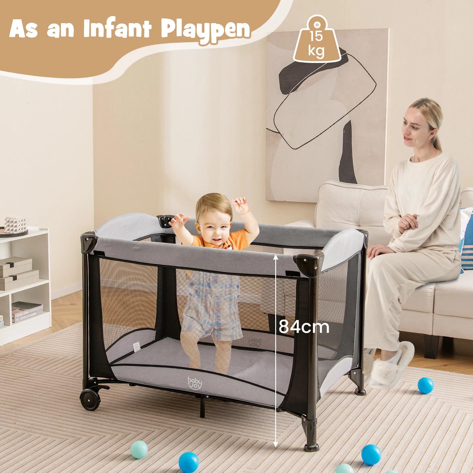 Lit d'appoint 5 en 1 avec roulettes, lit de voyage pliable avec matelas, lit 2 niveaux avec matelas