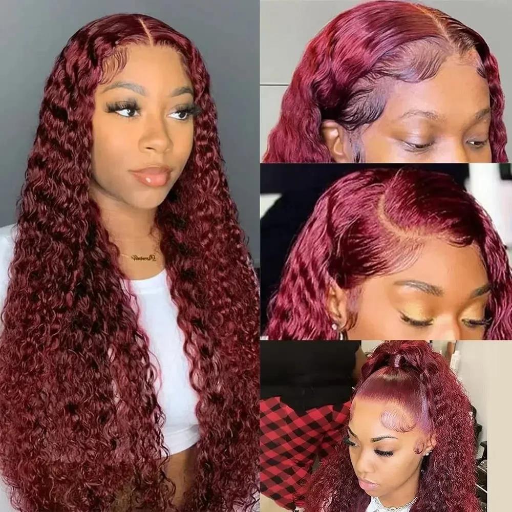 Perruque Deep Wave Lace Front Wig Naturelle, Cheveux Bouclés, Couleur Rouge Bordeaux 99J, Pré-épilés