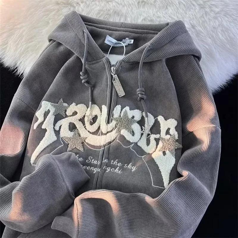 Sweat-shirt à capuche brodé avec fermeture éclair pour femme, haut à manches longues, ample, chemise