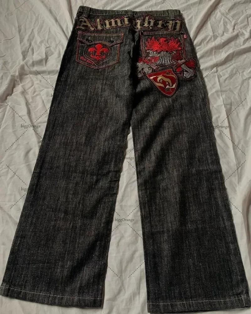 Jean brodé avec lettres patchwork américaines pour hommes, style gothique Harajuku, jambes larges, p