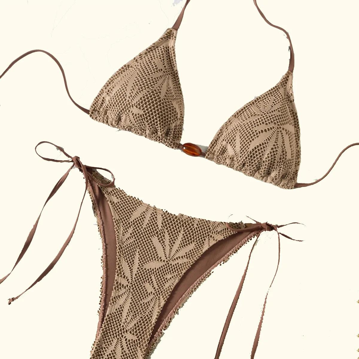 Maillot de bain deux pièces en tissu texturé pour femmes, ensemble deux pièces, avec cravate perlée,