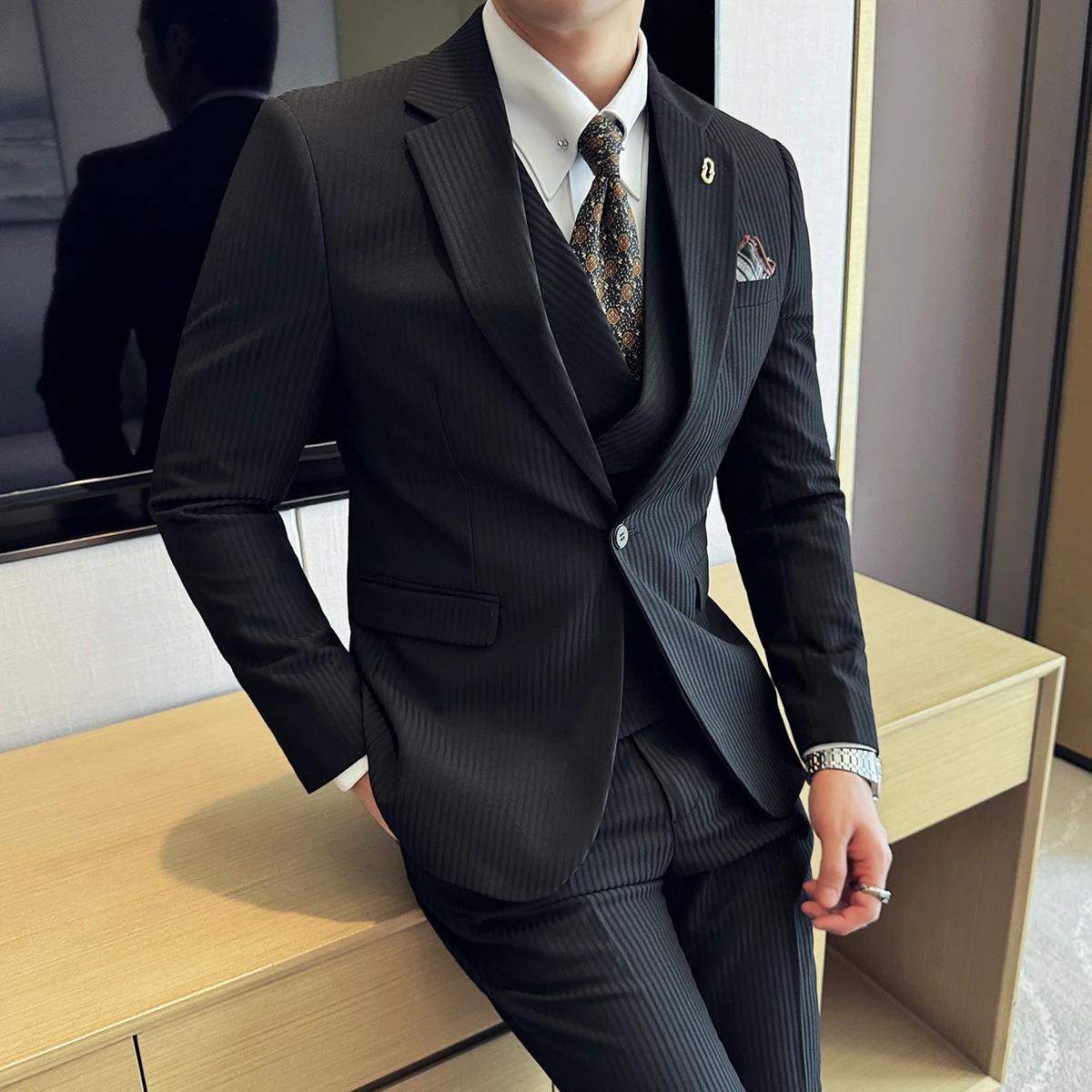(Vestes + pantalons + gilet) costume de luxe à rayures pour hommes Version coréenne mode élégant cou