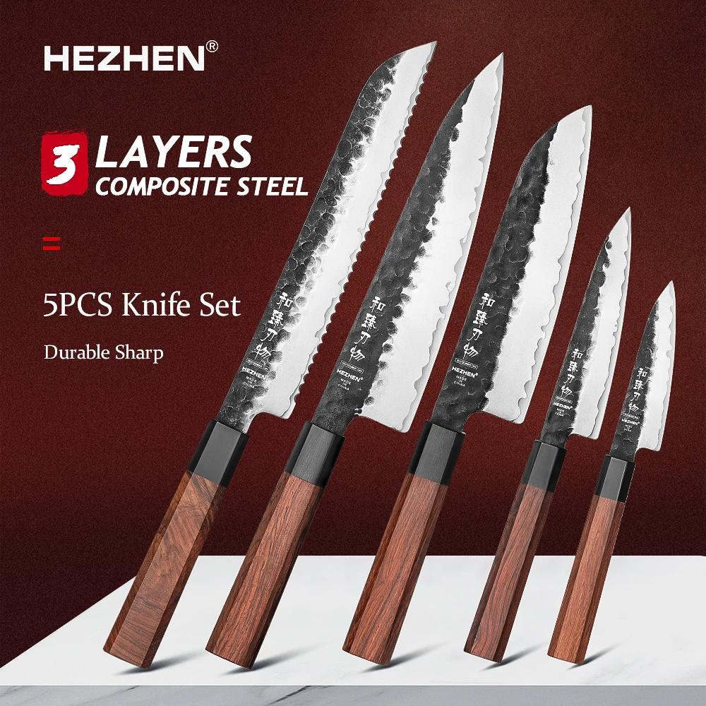 HEZHEN 1 pièce-5 pièces ensemble de couteaux de cuisine Chef utilitaire en acier inoxydable 3 couche