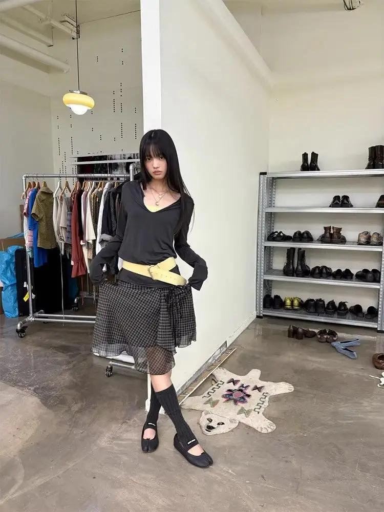Deeptown Vintage Plaid maille jupes femmes japonais asymétrique mi jupe Y2k Harajuku à lacets jupes
