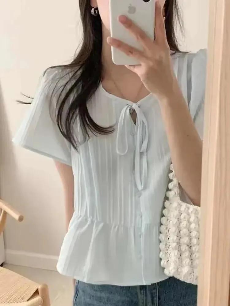 Coréen Sle doux Simple minceur ort Sve rond Ne irt haut pour femme Faionable trajet coupe ample humi
