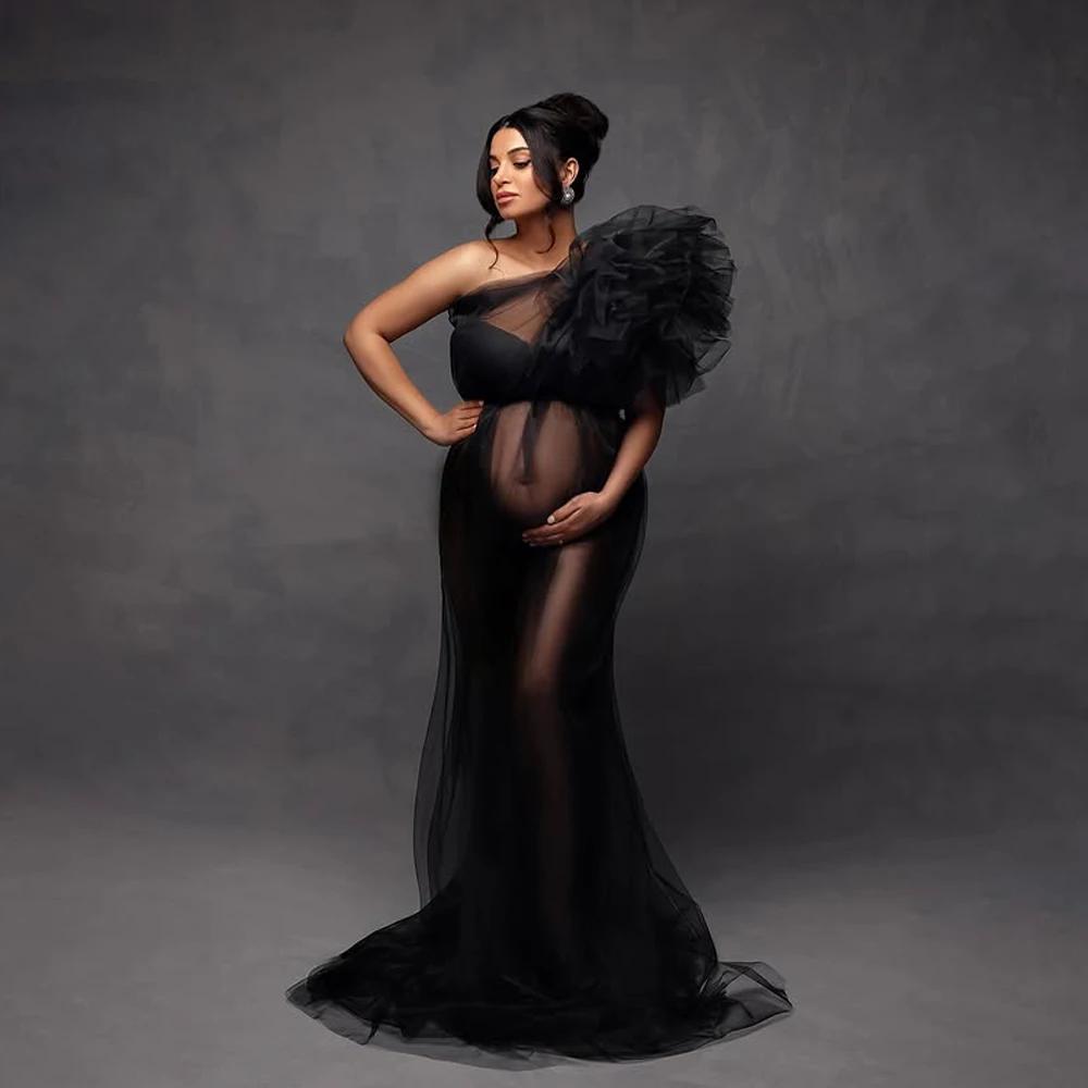 Robe de séance photo de maternité style Boho, en Tulle transparent, épaule unique, fluide, robe de g