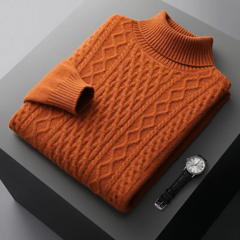 Nouveau automne et hiver 100% laine mérinos hommes col haut double brin épais jacquard pull pull tri