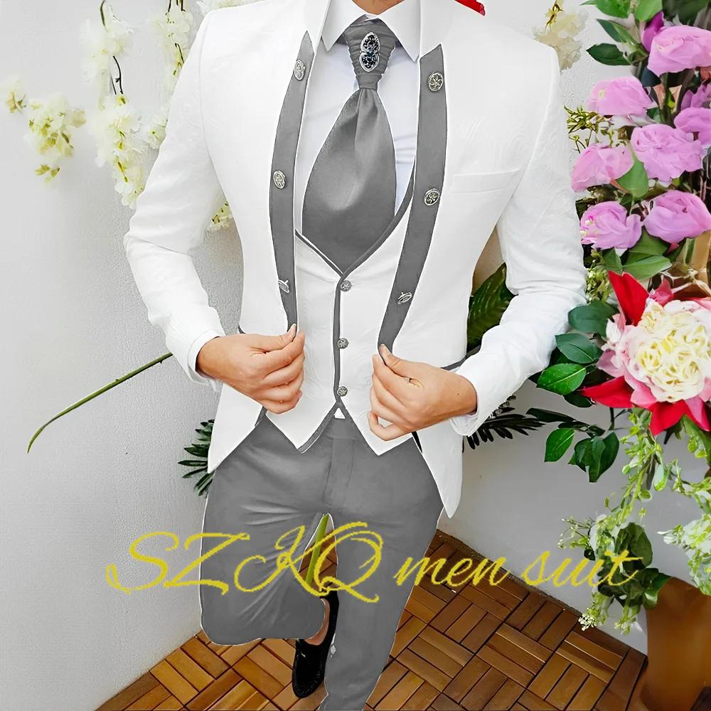 Veste et pantalon à fleurs blanches pour hommes, smoking de mariage, glaaught, ensemble 3 pièces, bl