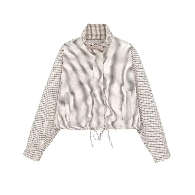 Veste Courte à Carreaux pour Femme ETJ, Col Montant, Manches Bouffantes, Coupe Oversize avec Ourlet