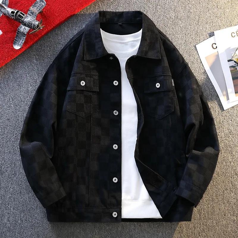 Vestes pour homme, tendance, surdimensionnées, à imprimé damier, en denim, style streetwear décontra