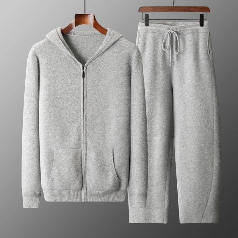MVLYFLRT Costume tricoté en laine mérinos pour homme Cardigan à capuche avec fermeture éclair Pantal