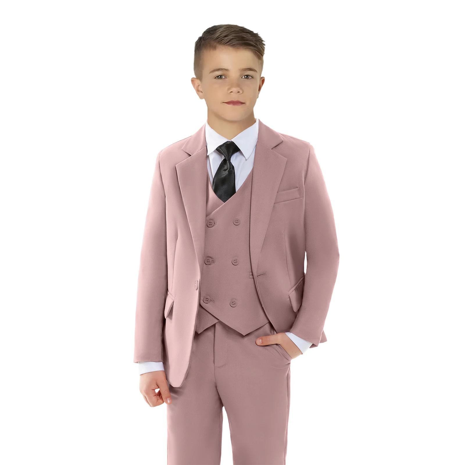 Ensemble de costume 4 pièces solide pour garçon, veste Blazer à bouton unique, gilet, pantalon avec