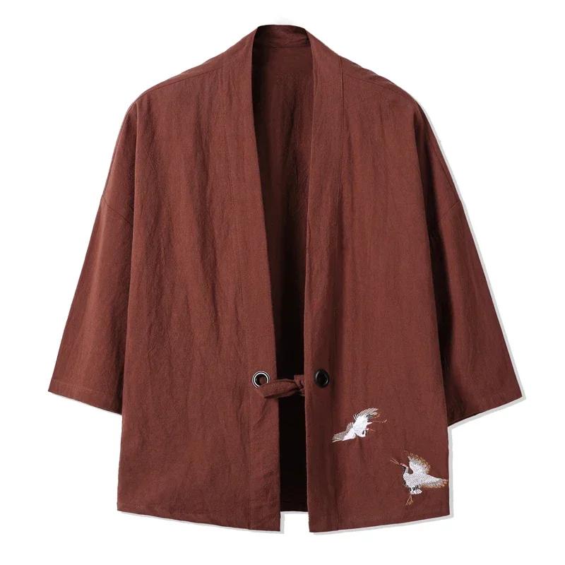 Hommes Kimono grue broderie Harajuku Style japonais Cardigan décontracté coton hommes samouraï Costu