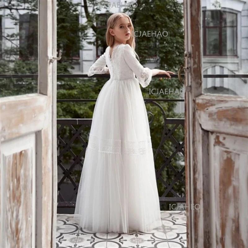 Nouvelle Robe Longue Princesse en Dentelle Blanche 2026 pour Enfants – Tenue Élégante pour Anniversa