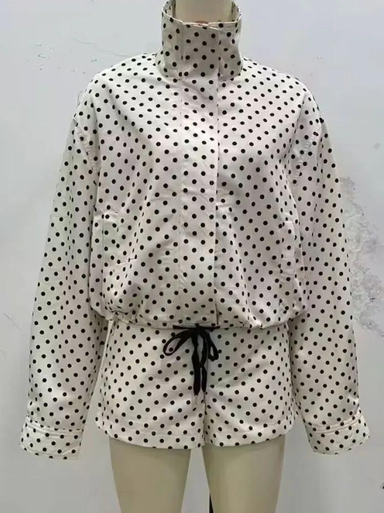 HH – ensemble imprimé à pois pour femme, veste à manches longues, col roulé, cordon de serrage + sho