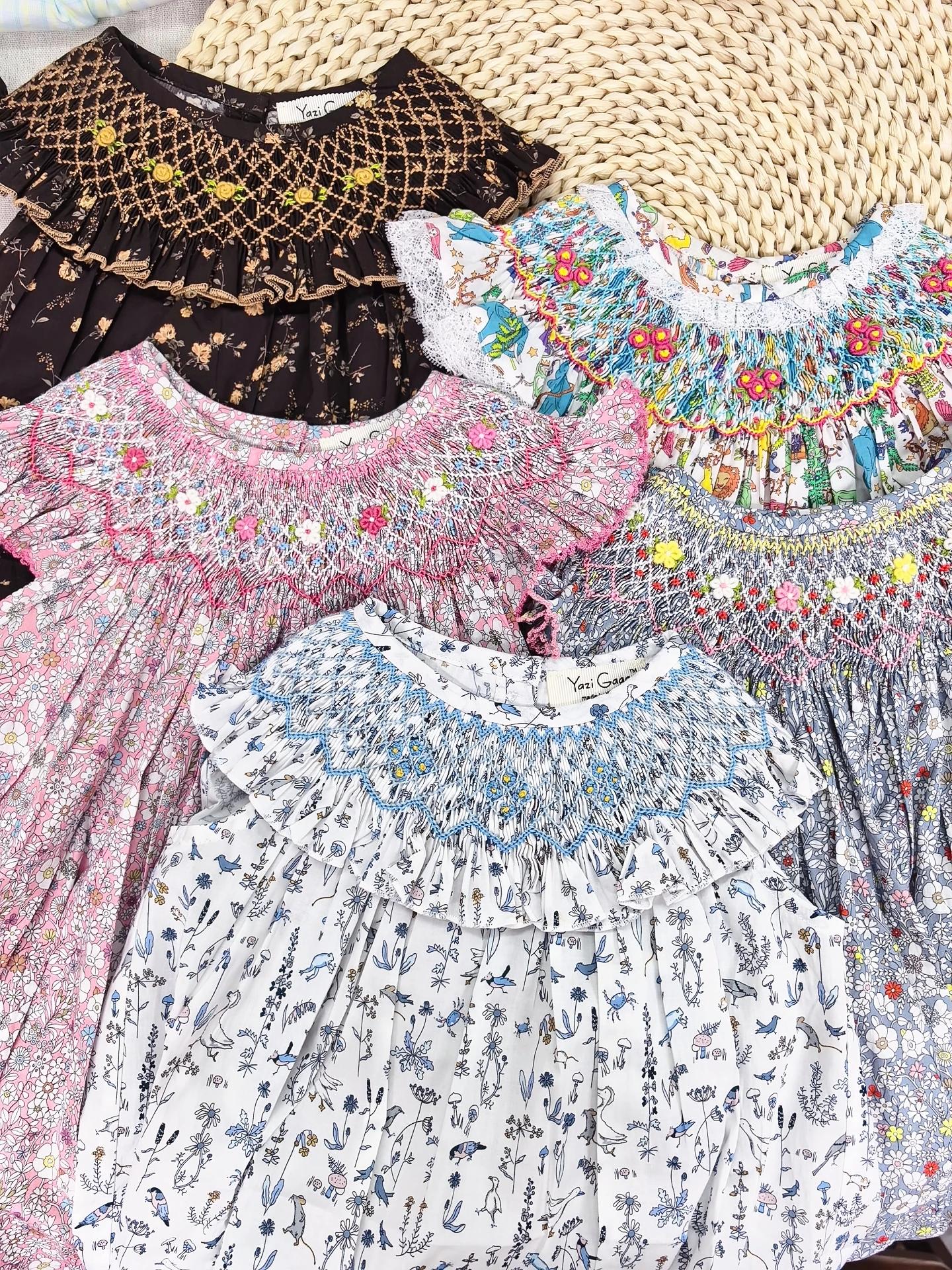 Robe smockée en pur coton pour filles, douce et respirante, brodée à la main, rétro, robe de princes