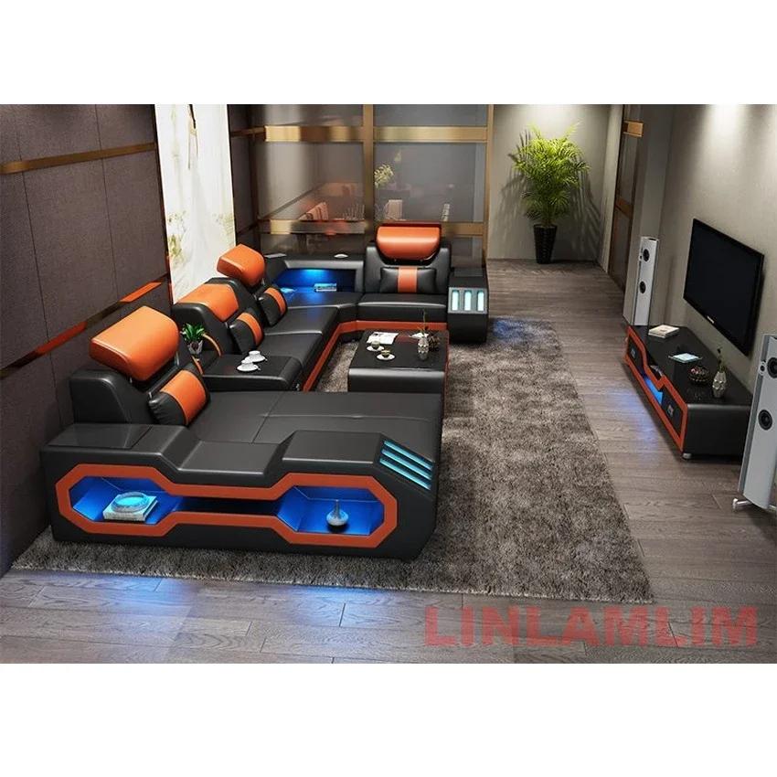 Ensemble de canapé moderne éclairé par LED avec fauteuil inclinable, appui-tête et console réglables