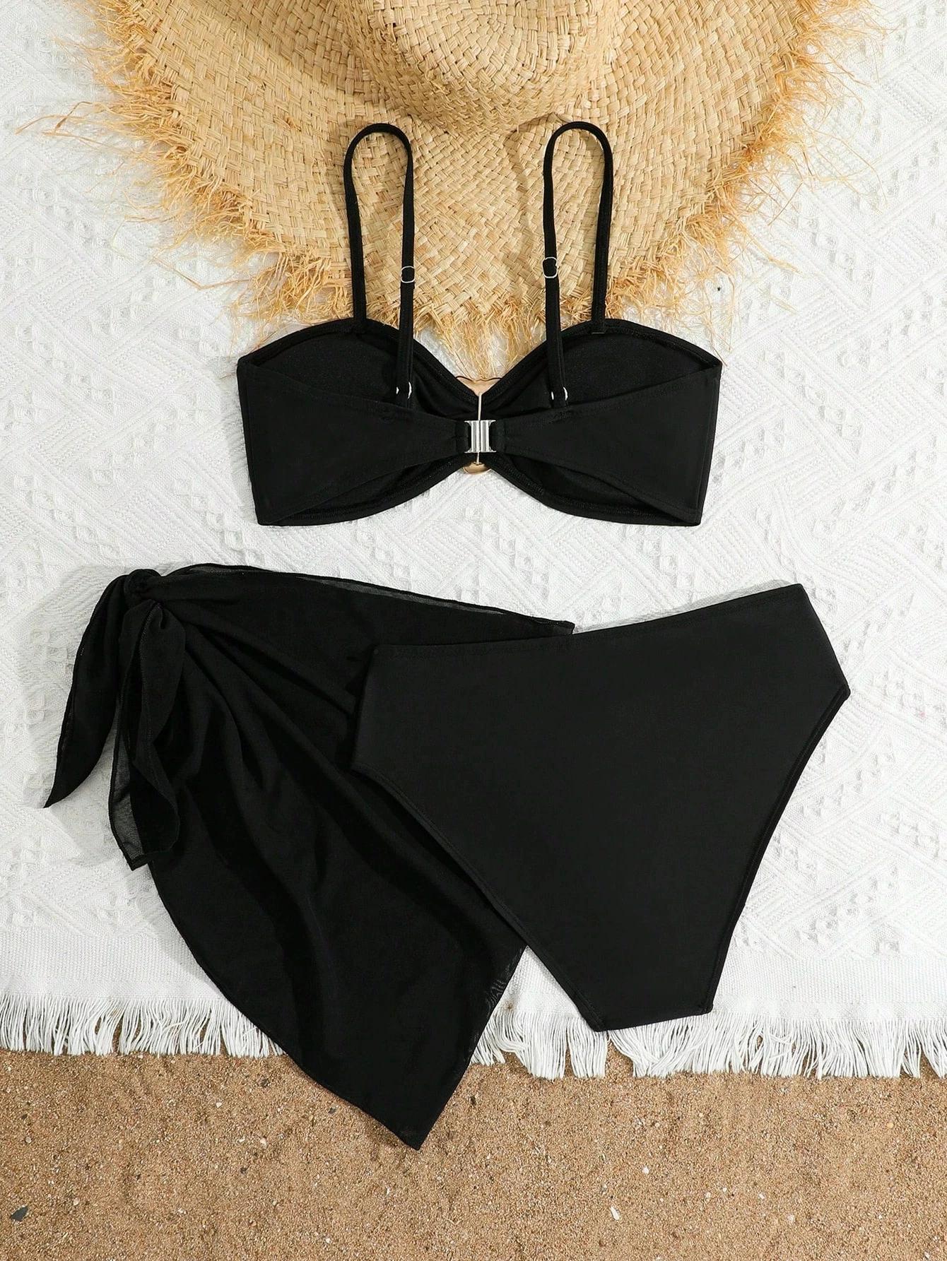 Ensemble de maillots de bain 3 pièces pour adolescentes 2026 – Bikini décoré de boucles métalliques,