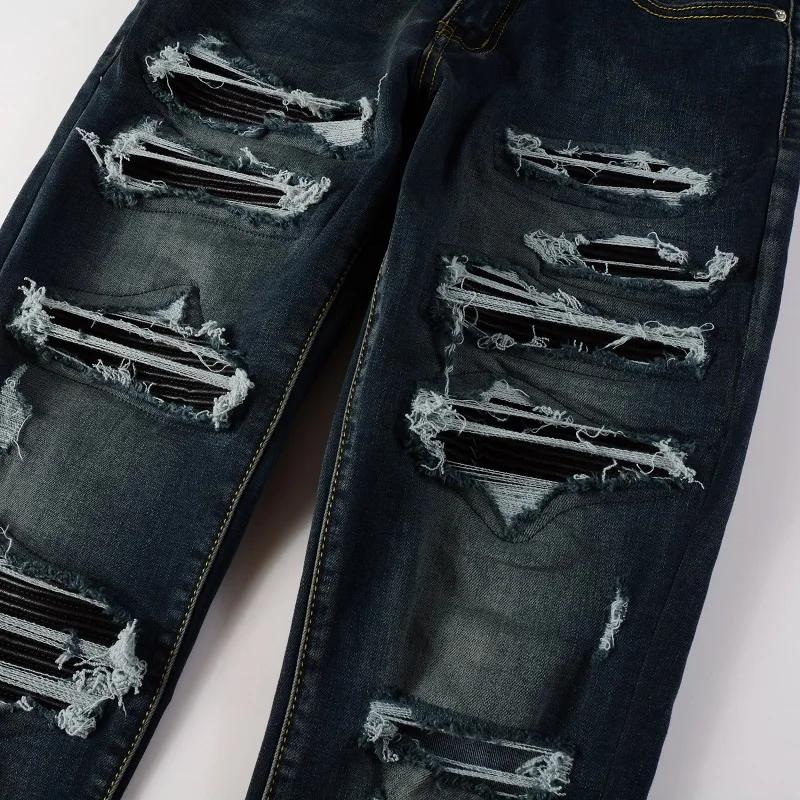Jean en Denim pour hommes, patchs en cuir noir, Streetwear, pantalon slim conique, trous déchirés, p
