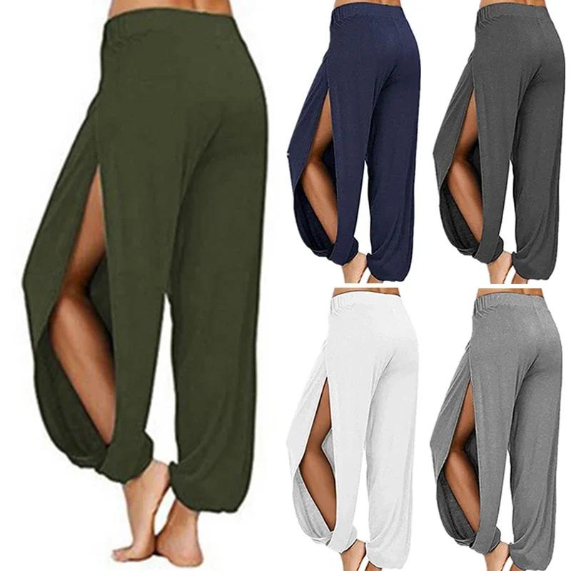 Pantalon Haren d'été à fente haute pour femmes, pantalon de sport, de Yoga, couleur unie, ample, Hip