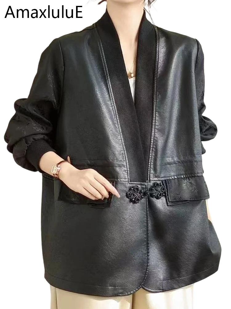 Amax LuluE chinois 2025 automne dames mode Patchwork Faux cuir vestes femmes ample col en V PU mante