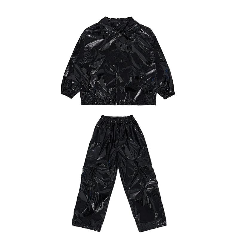 Ensembles veste et pantalon en cuir brillant pour enfants, vêtements de performance de danse sur scè