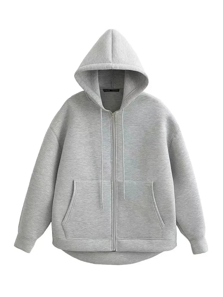HH automne femmes gris veste avec capuche à manches longues grande poche veste à glissière manteau f