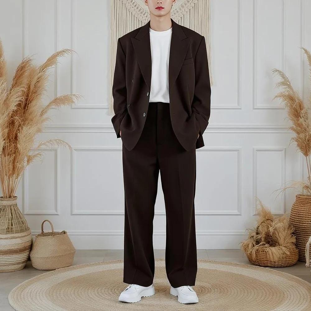 Veste et pantalon classiques à Double boutonnage pour hommes, couleur unie, coupe ample, décontracté
