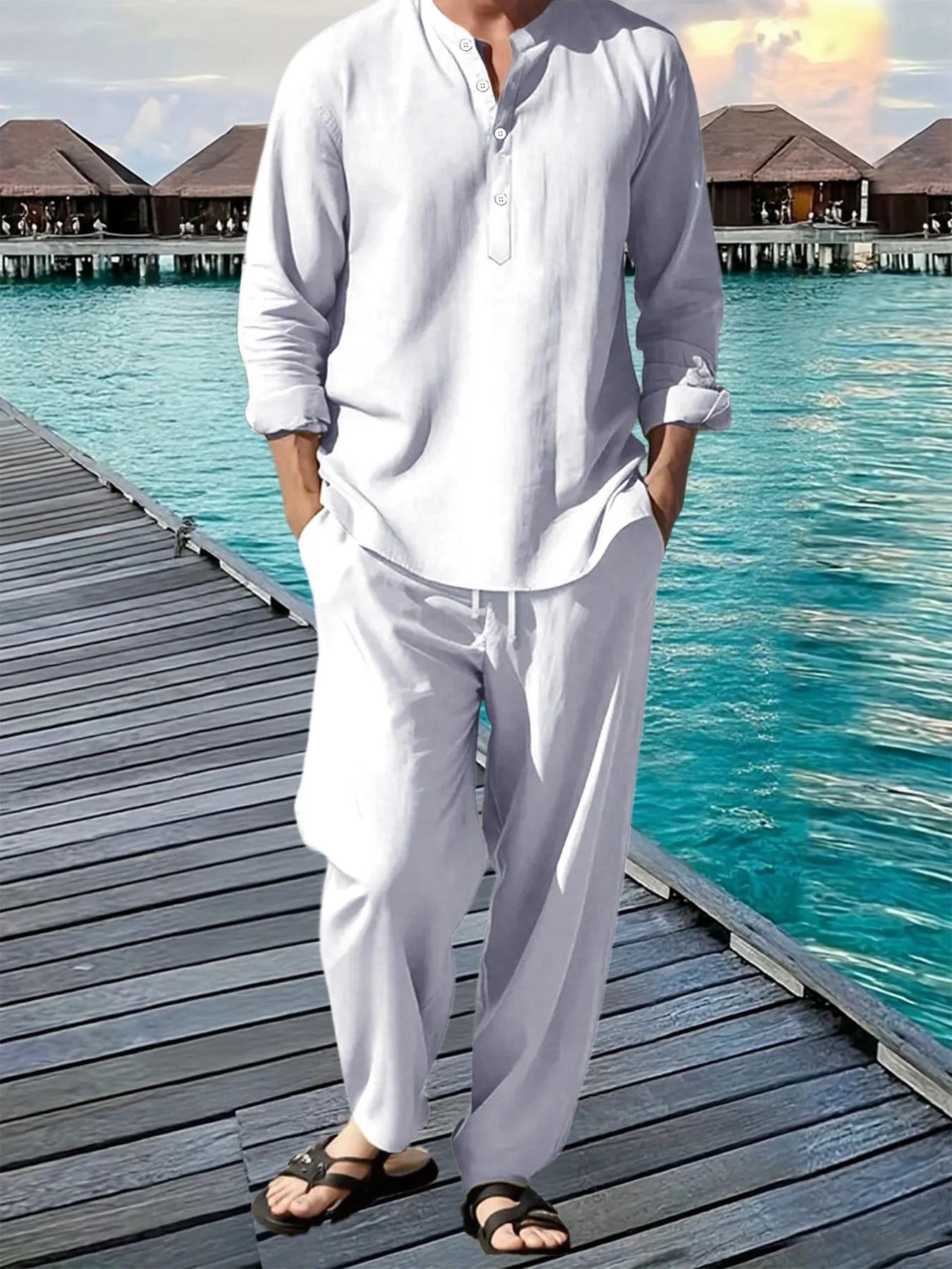 Henley – costume chemise et pantalon pour hommes, léger et respirant, Streetwear, couleur unie, bout