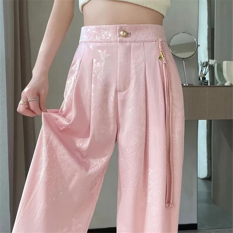 Nouveau Style chinois Jacquard jambe large Satin pantalon pour femmes élégant solide bureau dame déc