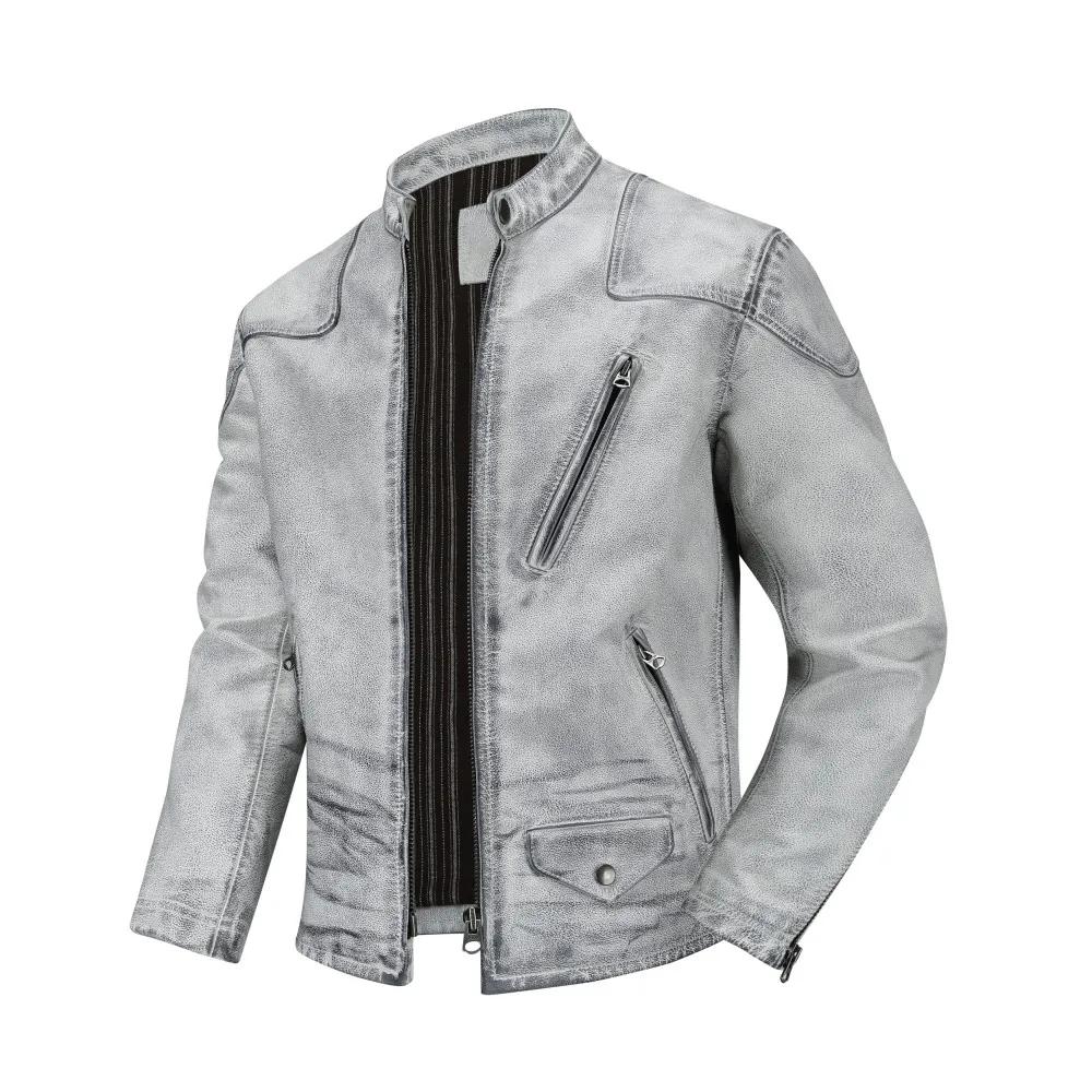 Veste en cuir véritable vieilli pour homme, style rétro, finition usée, col montant, classique, en c