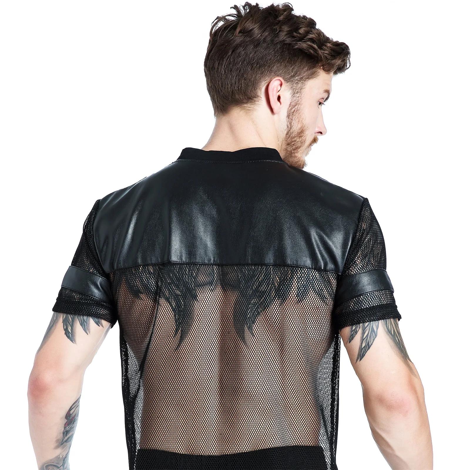 T-Shirt en résille pour hommes, Sexy, en Faux cuir PU, chemises en maille, hauts transparents, manch